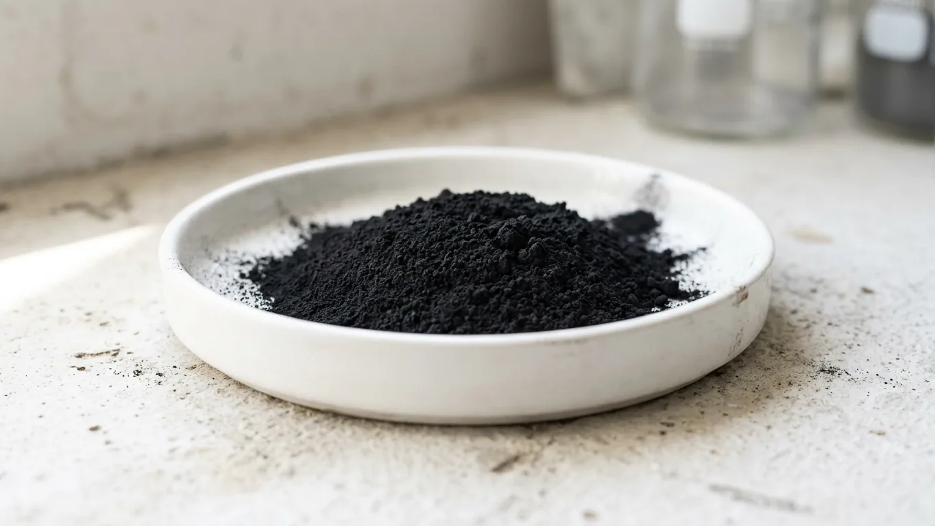 Fine black carbon powder heaped in a shallow white dish on a pale worktop, with laboratory glassware out of focus behind it.