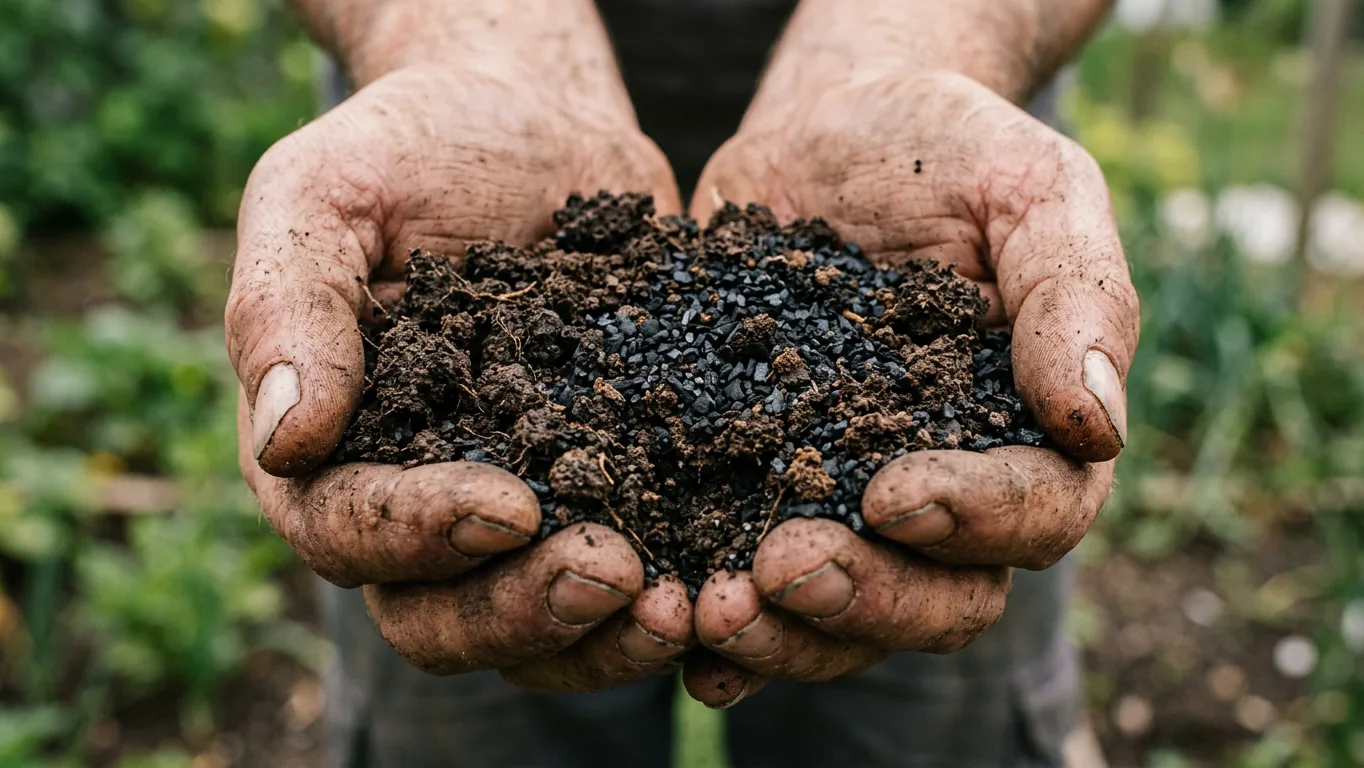 A pair of soil-covered hands cupping dark topsoil mixed through with coarse black carbon granules, a planted bed blurred behind.