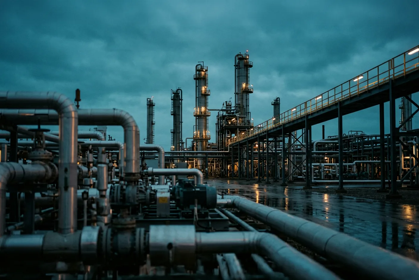 A gas processing plant at dusk: insulated pipework and valve manifolds in the foreground, distillation columns and a lit pipe rack behind, reflected in wet ground.